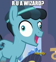 Size: 500x546 | Tagged: safe, edit, edited screencap, screencap, crystal hoof, thorax, changeling, g4, the times they are a changeling, are you a wizard, caption, crystal hoof didn't listen, derp, discovery family logo, disguise, disguised changeling, faic, image macro, meme