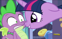 Size: 733x466 | Tagged: safe, screencap, spike, twilight sparkle, alicorn, pony, g4, the times they are a changeling, discovery family logo, out of context, twilight sparkle (alicorn)