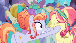 Size: 1286x724 | Tagged: safe, screencap, amber laurel, atomic crystal, atticus, beta particle, bonna fide, bright smile, castle (crystal pony), crystal arrow, crystal beau, elbow grease, glamour gleam, golden glitter, golden väs, honeycomb dazzle, neighls bohr, paradise (g4), rook ramparts, ruby love, sapphire joy, scarlet heart, spike, crystal pony, pony, g4, season 6, the times they are a changeling, andrea libman, animated, background pony, butt, discovery family logo, duo focus, female, male, mare, plot, scared, stallion