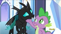 Size: 1600x900 | Tagged: safe, screencap, spike, thorax, changeling, dragon, g4, season 6, the times they are a changeling, a changeling can change, cute, discovery family, discovery family logo, duo, duo male, logo, male, smiling, thorabetes, wingless spike