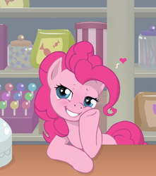 Size: 750x850 | Tagged: safe, artist:multiverseequine, pinkie pie, pony, g4, blue eyes, blushing, candy, crush, cute, diapinkes, female, food, heart, heart eyes, hooves, in love, looking at you, loving gaze, pink hair, scene interpretation, shy, smiling, solo, standing, wingding eyes