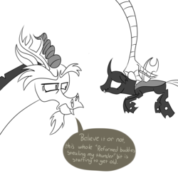 Size: 3000x3000 | Tagged: safe, artist:turkleson, discord, thorax, changeling, draconequus, g4, the times they are a changeling, to where and back again, annoyed, duo, grayscale, high res, long arms, male, monochrome, reformed, simple background, speech bubble, white background
