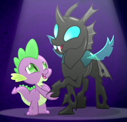 Size: 483x463 | Tagged: safe, screencap, spike, thorax, changeling, dragon, g4, season 6, the times they are a changeling, a changeling can change, cropped, cute, duo, duo male, male, open mouth, open smile, smiling, spikabetes, spotlight, thorabetes, wingless spike