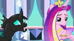 Size: 852x473 | Tagged: safe, screencap, princess cadance, princess flurry heart, thorax, changeling, g4, the times they are a changeling, animated, baby alicorn, baby blanket, baby flurry heart, blanket, blanket burrito, blushing, cooing, cute, cutedance, emotional spectrum, flurrybetes, reaching, swaddling, thorabetes, wrapped snugly