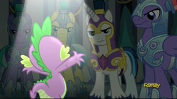Size: 2048x1145 | Tagged: safe, screencap, amethyst stone, radiant gold, ruby armor, shining armor, spike, teal crescent, dragon, pony, unicorn, g4, the times they are a changeling, armor, crystal guard, crystal guard armor, guards, male, royal guard, stallion