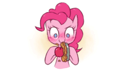 Size: 510x289 | Tagged: safe, artist:raridashdoodles, pinkie pie, earth pony, pony, g4, animated, apple, apple pie, blushing, c:, extreme speed animation, female, food, implied applepie, implied lesbian, implied shipping, lewd, pie, pinkie the shipper, pun, shipper on deck, simple background, smiling, solo, visual pun, white background, wide eyes