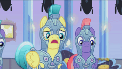 Size: 960x540 | Tagged: safe, screencap, amethyst stone, radiant gold, ruby armor, teal crescent, crystal pony, pony, g4, the times they are a changeling, animated, armor, crystal guard, crystal guard armor, male, stallion