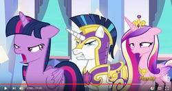 Size: 1053x562 | Tagged: safe, screencap, princess cadance, shining armor, twilight sparkle, alicorn, pony, g4, the times they are a changeling, armor, faic, racist armor, twilight sparkle (alicorn), youtube