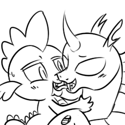 Size: 800x800 | Tagged: safe, artist:creepycurse, crystal hoof, spike, thorax, changeling, dragon, g4, the times they are a changeling, animated, disguise, disguised changeling, french kiss, gay, grayscale, kissing, making out, male, monochrome, ship:thoraxspike, shipping, simple background, spikeling, transformation, white background