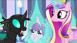 Size: 1920x1080 | Tagged: safe, screencap, princess cadance, princess flurry heart, thorax, changeling, pony, g4, the times they are a changeling, baby, baby blanket, baby pony, cute, daaaaaaaaaaaw, discovery family logo, safety pin, swaddling