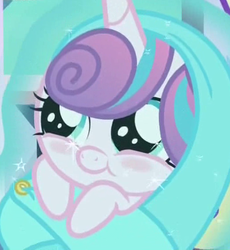 Size: 520x566 | Tagged: safe, screencap, princess flurry heart, pony, g4, the times they are a changeling, baby, baby pony, blanket, blushing, cropped, cute, flurrybetes, swaddling