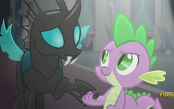 Size: 1462x920 | Tagged: safe, screencap, spike, thorax, changeling, dragon, g4, the times they are a changeling, discovery family logo, holding hands, holding hooves