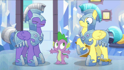 Size: 1286x724 | Tagged: safe, screencap, amethyst stone, radiant gold, spike, crystal pony, dragon, pegasus, pony, g4, the times they are a changeling, animated, armor, crystal guard, crystal guard armor, guard, laughing, male, pegasus royal guard, royal guard, spike is not amused, stallion, unamused