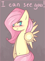 Size: 866x1176 | Tagged: safe, artist:pillow9, fluttershy, pony, g4, belly button, bipedal, breaking the fourth wall, cracks, female, looking at you, solo, speech