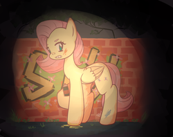 Size: 1831x1453 | Tagged: safe, artist:pillow9, fluttershy, g4, female, folded wings, graffiti, grin, holding, looking at you, smiling, solo, spotlight, spray paint, standing, wall