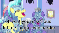 Size: 500x281 | Tagged: safe, edit, edited screencap, screencap, amethyst stone, radiant gold, ruby armor, pegasus, pony, g4, the times they are a changeling, animated, armor, caption, crying, crystal guard, crystal guard armor, discovery family logo, futurama, guard, image macro, laughing, male, meme, oh wait you're serious, reaction image, stallion