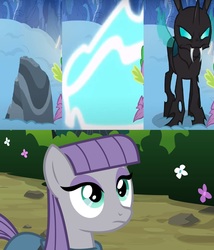 Size: 1276x1488 | Tagged: safe, edit, edited screencap, screencap, maud pie, spike, thorax, changeling, g4, the times they are a changeling, crack shipping, cute, maudrax, rock, shapeshifting, shipping