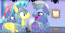 Size: 1920x975 | Tagged: safe, screencap, amethyst stone, radiant gold, ruby armor, crystal pony, pegasus, pony, g4, the times they are a changeling, armor, crystal guard, crystal guard armor, male, meme, stallion, trio, youtube caption