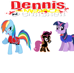 Size: 1600x1581 | Tagged: safe, rainbow dash, scootaloo, twilight sparkle, g4, beano, crossover, dennis menace, dennis the menace and gnasher, gnasher, walter brown