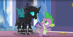 Size: 1920x975 | Tagged: safe, screencap, spike, thorax, changeling, g4, my little pony: friendship is magic, the times they are a changeling, agender, meme, the lorax, youtube caption