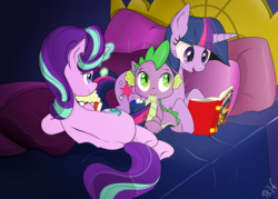 Size: 1288x920 | Tagged: dead source, safe, artist:dsana, daring do, spike, starlight glimmer, twilight sparkle, alicorn, dragon, pony, unicorn, daring do adventure collection, daring do and the marked thief of marapore, g4, baby, baby dragon, bed, book, chocolate, comic book, cute, female, food, glimmerbetes, hot chocolate, lying, male, mare, marshmallow, mother and child, mother and son, on side, pillow, popcorn, prone, reading, rear view, signature, sitting, spikabetes, spikelove, twiabetes, twilight sparkle (alicorn), twilight's castle
