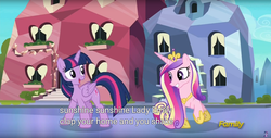 Size: 1920x975 | Tagged: safe, screencap, princess cadance, twilight sparkle, alicorn, pony, g4, my little pony: friendship is magic, the times they are a changeling, grin, looking back, meme, open mouth, raised hoof, sisters-in-law, smiling, sunshine sunshine, twilight sparkle (alicorn), youtube caption