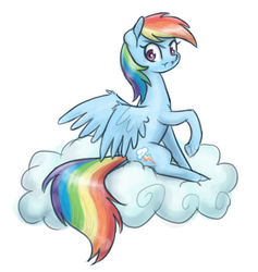 Size: 1000x1055 | Tagged: safe, artist:king-kakapo, rainbow dash, pegasus, pony, g4, :t, cloud, female, looking back, mare, scrunchy face, simple background, sitting, solo, spread wings, white background