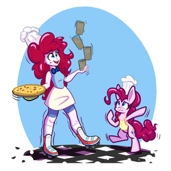 Size: 1800x1800 | Tagged: safe, artist:heir-of-rick, pinkie pie, human, equestria girls, g4, apron, big ears, clothes, cute, duo, food, human ponidox, humanized, pizza, soda