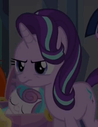 Size: 494x636 | Tagged: safe, screencap, princess flurry heart, starlight glimmer, twilight sparkle, alicorn, pony, unicorn, g4, season 6, the times they are a changeling, a changeling can change, animated, baby, baby blanket, baby pony, blinking, cradle, crystal heart, cute, female, glimmerbetes, guilty, magic, mare, realization, sleeping, swaddling, telekinesis, twilight sparkle (alicorn)