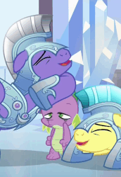 Size: 668x970 | Tagged: safe, screencap, amethyst stone, radiant gold, spike, crystal pony, pegasus, pony, g4, the times they are a changeling, armor, cropped, crystal guard, crystal guard armor, gif, guard, laughing, male, non-animated gif, reaction image, royal guard, smiling, stallion, stoner spike