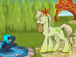 Size: 1024x768 | Tagged: safe, artist:supersmashwolves, oc, oc only, oc:kaatu tides, koi, pony, behaving like a fish, pond, silly, silly pony, unamused, water