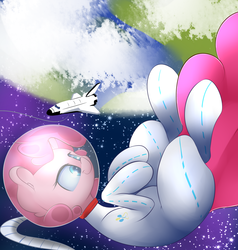 Size: 2000x2100 | Tagged: safe, artist:madacon, pinkie pie, earth pony, pony, g4, astronaut, astronaut pinkie, cute, diapinkes, earth, female, helmet, high res, mare, newbie artist training grounds, planet, smiling, solo, space, space shuttle, spacesuit, stars