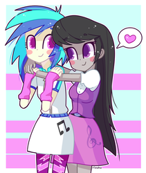 Size: 600x711 | Tagged: safe, artist:riouku, dj pon-3, octavia melody, vinyl scratch, equestria girls, g4, anime, clothes, cute, female, heart, hug, lesbian, ship:scratchtavia, shipping, skirt