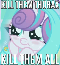 Size: 520x566 | Tagged: safe, edit, edited screencap, screencap, princess flurry heart, pony, g4, the times they are a changeling, :t, baby, baby pony, blushing, caption, cute, dissonant caption, evil, evil flurry heart, female, flurry heart ruins everything, flurrybetes, image macro, implied thorax, kill them all, levitation, magic, meme, pure unfiltered evil, smiling, solo, some mares just want to watch the world burn, telekinesis