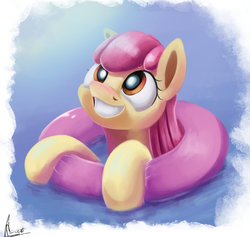 Size: 1024x972 | Tagged: safe, artist:insanerobocat, apple bloom, earth pony, pony, g4, cute, female, inner tube, solo, water