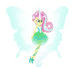 Size: 9740x8650 | Tagged: safe, artist:orin331, fluttershy, equestria girls, g4, absurd resolution, clothes, daydream shimmer, daydream-ified, dress, elf ears, female, flash puppet, floating, simple background, sleeveless, smiling, solo, strapless, transparent background, vector