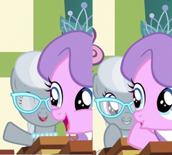 Size: 1348x1219 | Tagged: safe, diamond tiara, silver spoon, g4, the cart before the ponies, cute, diamondbetes, glasses, jewelry, necklace, ponytail, silverbetes