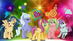 Size: 1316x734 | Tagged: safe, artist:mlpariana, indigo zap, lemon zest, sour sweet, sugarcoat, sunny flare, equestria girls, g4, crystal prep shadowbolts, cutie mark background, equestria girls ponified, holly, ponified, rearing, shadow five