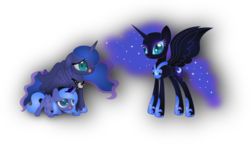 Size: 3668x2118 | Tagged: safe, artist:spophia, nightmare moon, princess luna, g4, filly, floppy ears, high res, lunar trinity, open mouth, simple background, spread wings, transparent background, woona