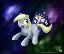 Size: 3500x3000 | Tagged: safe, artist:solarspark, derpy hooves, pegasus, pony, g4, crossover, doctor who, female, high res, mare, newbie artist training grounds, open mouth, smiling, solo, space, tardis, wingless