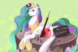 Size: 3496x2362 | Tagged: safe, artist:wolvierland, princess celestia, g4, cake, cakelestia, chest fluff, donut, female, food, fruit, grin, high res, horn, horn grab, prone, small head, smiling, solo