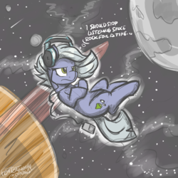 Size: 3000x3000 | Tagged: safe, artist:flutterthrash, limestone pie, earth pony, pony, g4, female, floating, headphones, high res, mare, mp3 player, newbie artist training grounds, planet, solo, space, zero gravity