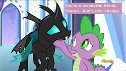 Size: 1600x900 | Tagged: safe, screencap, spike, thorax, changeling, dragon, pony, g4, my little pony: friendship is magic, the times they are a changeling, crystal empire, friendship