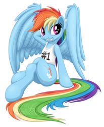 Size: 2560x3100 | Tagged: safe, artist:ohemo, rainbow dash, pegasus, pony, g4, clothes, female, grin, high res, mare, simple background, sitting, smiling, solo, spread wings, tank top, transparent background