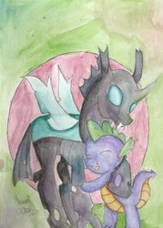 Size: 2504x3492 | Tagged: safe, artist:sumisunny124, spike, thorax, changeling, g4, my little pony: friendship is magic, the times they are a changeling, gay, high res, hug, male, ship:thoraxspike, shipping, smiling, traditional art