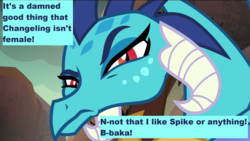 Size: 1280x720 | Tagged: safe, edit, edited screencap, screencap, princess ember, dragon, g4, gauntlet of fire, my little pony: friendship is magic, the times they are a changeling, caption, death stare, discovery family logo, dragon armor, hilarious in hindsight, image macro, jealous, meme, raised eyebrow, tsundember, tsundere