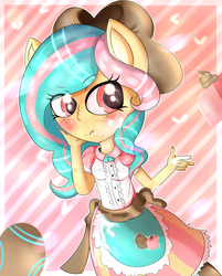 Size: 1024x1274 | Tagged: safe, artist:maspaz04, oc, oc only, oc:vanilla ganache, equestria girls, g4, apron, blushing, clothes, equestria girls-ified, solo, tongue out