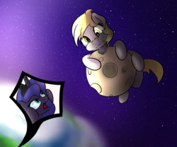 Size: 1200x1000 | Tagged: safe, artist:klemm, derpy hooves, princess luna, pegasus, pony, g4, edible heavenly object, female, mare, moon, newbie artist training grounds, nom, space, tangible heavenly object, unamused