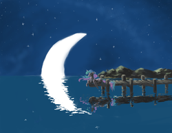 Size: 1800x1400 | Tagged: safe, artist:da-exile, princess celestia, alicorn, pony, g4, crescent moon, eyes closed, female, floppy ears, mare, missing accessory, moon, newbie artist training grounds, night, outdoors, pier, prone, reflection, sky, solo, stars, water, windswept mane