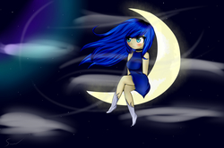 Size: 2930x1945 | Tagged: safe, artist:aquablue182, princess luna, human, g4, blushing, clothes, dress, female, humanized, moon, solo, space, tangible heavenly object